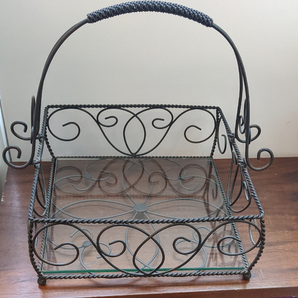 Handled Tray Square Iron Scroll SLAH Jamestown Centerpiece Glass Base Black